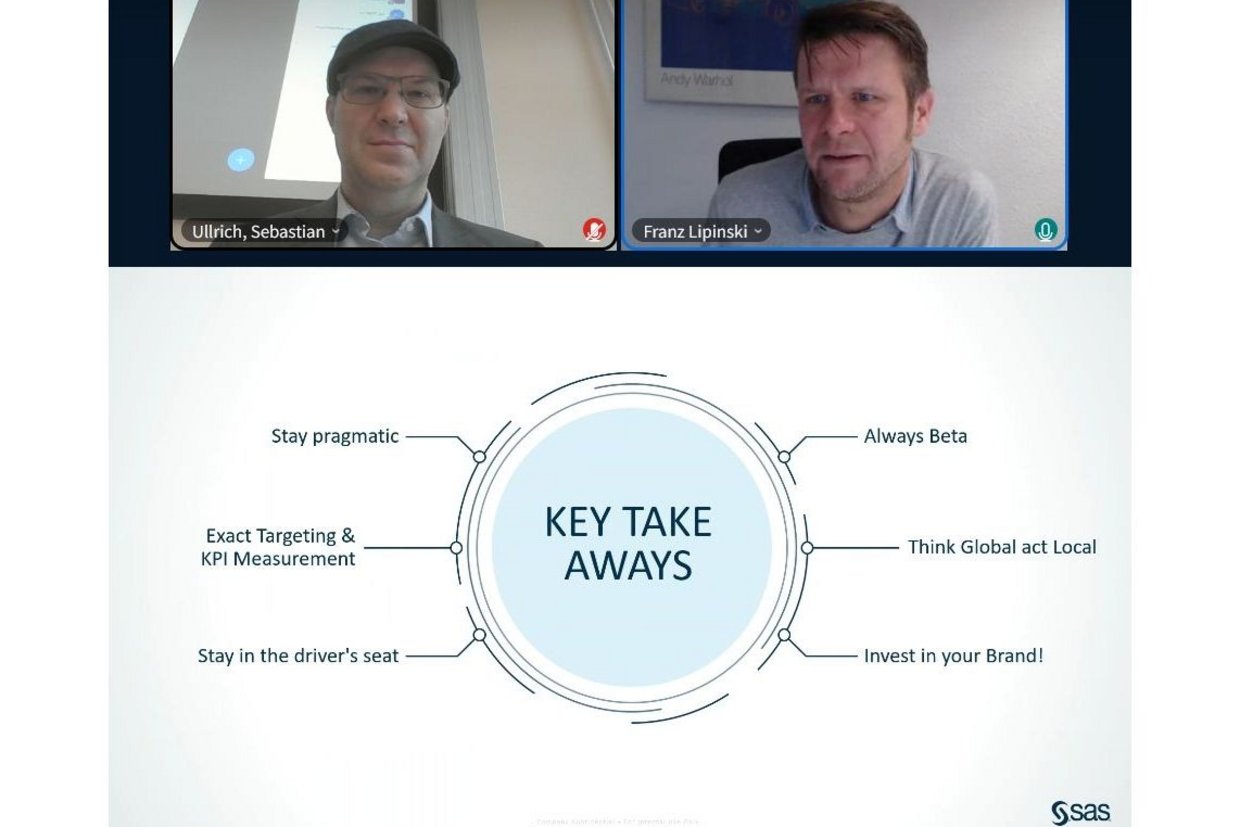 Screenshot eines Online-Vortrages, links oben: Prof. Dr. Sebastian Ullrich, rechts oben: Franz Lipinski, unten: Folie mit den Key Take Aways (Always Beta, Think Global act Local, Invest in your Brand!, Stay Pragmatic, Exact Targeting & KPI Measurement, Stay in the driver's seat