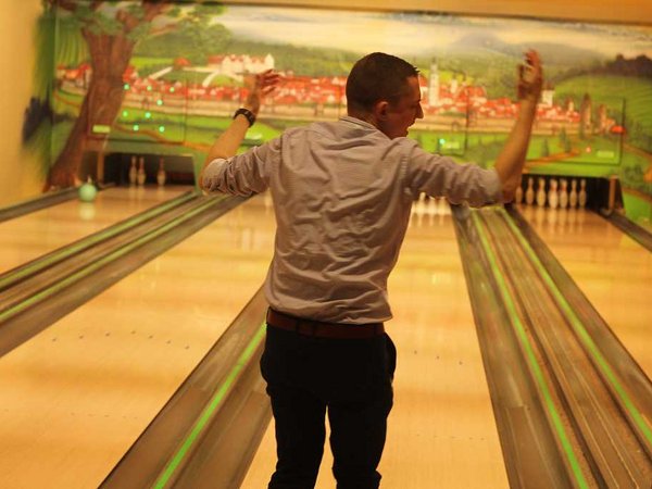 Participants play bowling