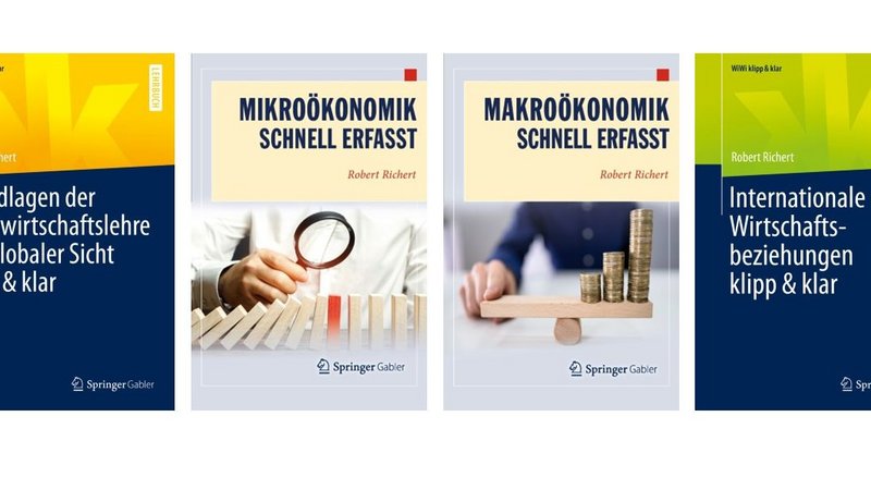 Coverabbildungen der VWL-Bücher Grundlagen der Volkswirtschaftslehre aus globaler Sicht klipp & klar, Mikroökonomik schnell erfasst, Makroökonomik schnell erfasst und Internationale Wirtschaftsbeziehungen klipp & klar