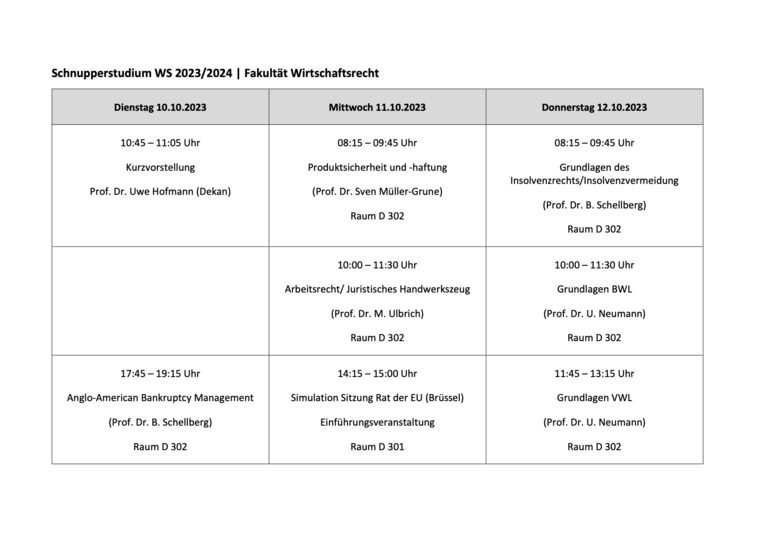 Plan des Schnupperstudiums Wirtschaftsrecht im Wintersemester 2023/23