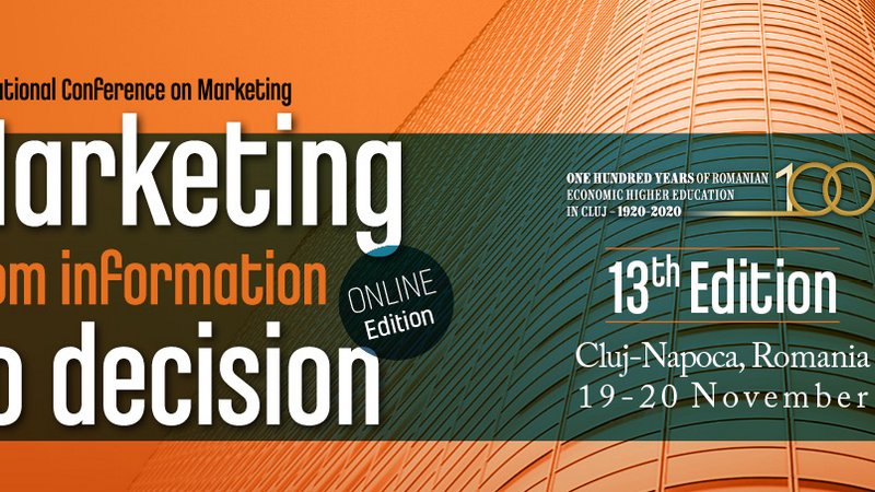 Konferenzankündigung, orangener Farbton, modernes Gebäude im Hintergrund: International Conference on Marketing: Marketing from information to decision - online edition