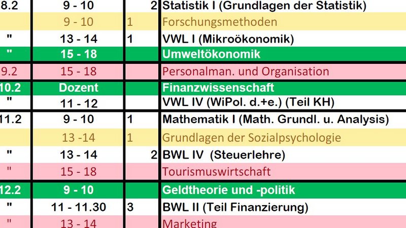 Screenshot eines Teils des Prüfungsplans. Die Termine der Klausuren für die Vorlesungen Statistik, Forschungsmethoden, VWL I, Umweltökonomik, Personalmangement und Organisastion, Finanzwissenschaft und viele weitere werden dargestellt.