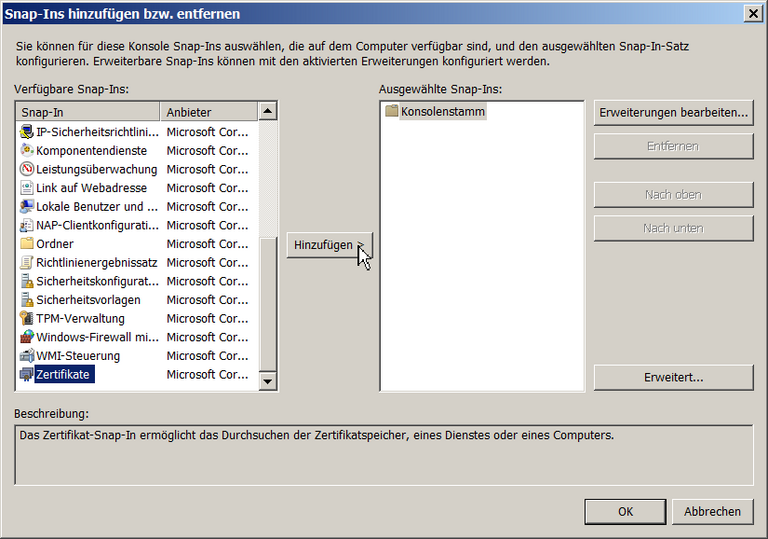 Zertifikate-Snap-In auswählen