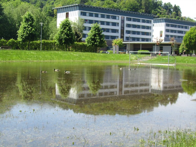 Wasserfläche mit Spiegelung der Hochschule Schmalkalden