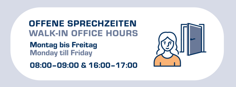 Sprechzeiten - Text im Bild - Montag bis Freitag -08:00 Uhr bis 09:00 Uhr sowie 16:00 Uhr bis 17:00 Uhr