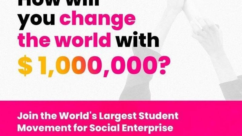 Picture in pink and white, hands holding a trophee, text "Hult Prize - How will you change the world with $1,000,000? - Join the World's Largest Student Movement for Social Enterprise - hultprize.org