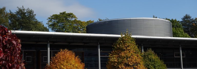 Vorderansicht der Bibliothek mit herbstlich gefärbten Bäumen