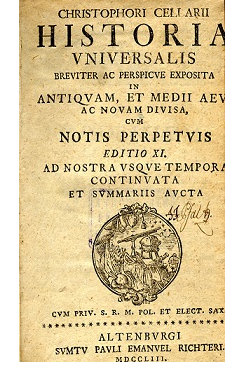 Cellarius’ Historia universalis (Titelseite der beim Verlag Richter in Altenburg erschienenen 11. Aufla