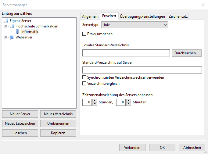 Einstellungen FileZilla - Erweitert