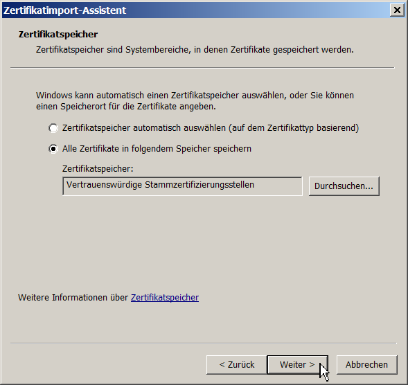 Zertifikatspeicher automatisch auswählen