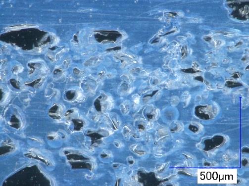 Thin section under an optical microscope of a physically foamed polypropylene tension rod Thin section under an optical microscope of a physically foamed polypropylene tension rod